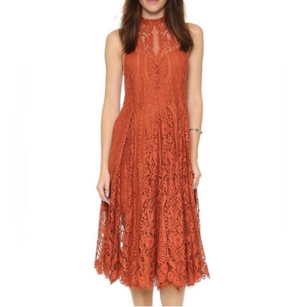 Free People Angel Rays Lace Trapeze Midi Dress Burnt Orange Rust Size M
